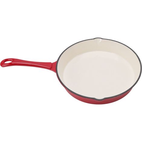 Poêle en fonte émaillée monobloc, rouge, 25 cm de diamètre, manche long, design ergonomique, idéale pour la cuisine. (1/5)