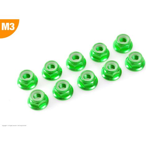 Revtec - Aluminium Nylstop Nut - M3 - Flanged - Green - 10 pcs