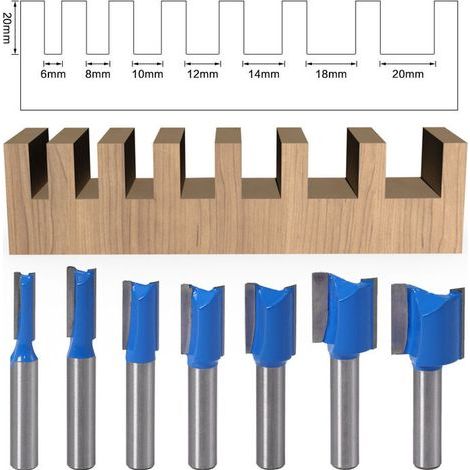 7pcs 8mm Clean Up Router Bits, Woodworking Cutter 6/8/10/12/14/18/20mm Diamètre Flush Trim Pattern Router Bit Set, Bleu (1/5)