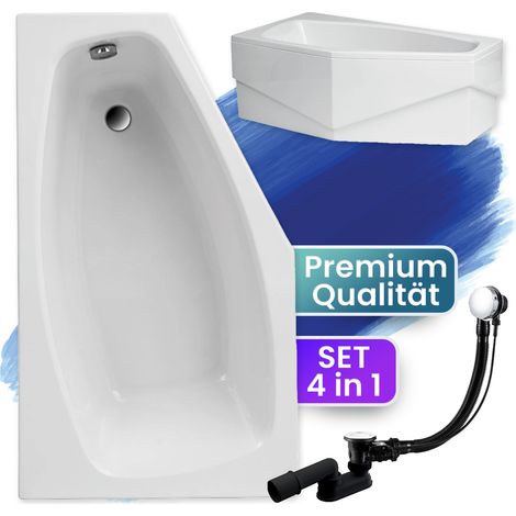 Badewanne Eckbadewanne 140x80 Links mit AcrylSchürze, Ablaufgarnitur & Füßen GRATIS - Komplettset 4in1 Original Acryl Wanne Siphon - BADLAND MARIKA (1/5)