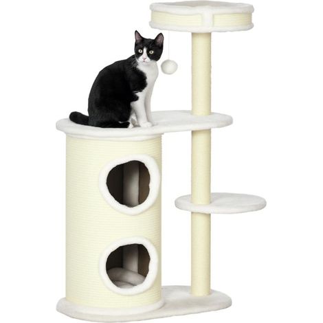 Arbre à chat avec griffoir, 1 panier et jouets pour chat, 59 cm x 35 cm x 100 cm, blanc crème Ce produit est fabriqué av (1/5)