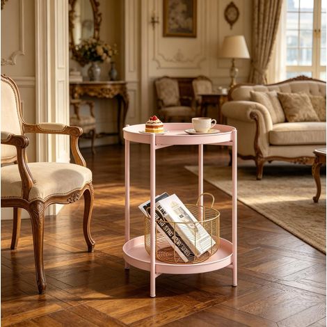 Tavolino rotondo 44x44x53 cm rosa - 2 vassoi rimovibili in metallo, contenitore MEUBLIV (1/5)