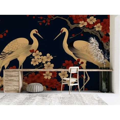 Papier peint animaux - couple de hérons et fleurs de cerisier - 150 x 250 cm (1/2)