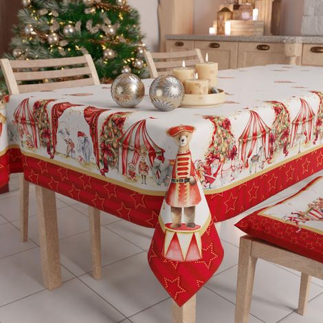 Nappe de Noël Anti-Taches Carrée, Couvre-Table, Cuisine, Motif Cirque X4 Places (140 x 140 cm) 100% fabriquée en Italie (1/5)