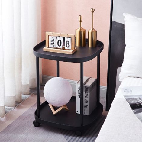 Étagère de chevet de luxe à double niveau, amovible et à roulettes, idéale pour le salon ou la chambre d'étudiant (noir). (1/5)