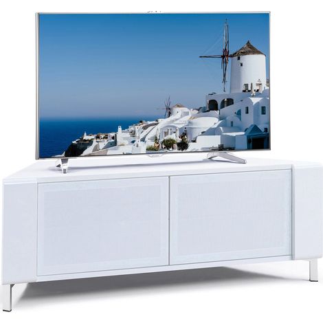 MDA Designs CORVUS Corner-Friendly Gloss White Contemporary Cabinet with White Profiles White BeamThru Glass Doors Suitable for Flat Screen TVs up to 50" (1/5)