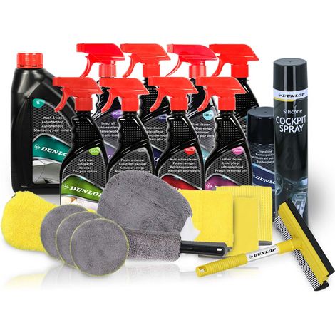 Pack Complet Nettoyant Intérieur/Extérieur pour voiture 21 pièces Dunlop Neutre - Shampoing, Nettoyant, Brosse, Microfibres