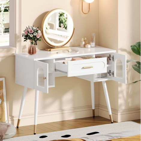 Toeletta a LED con specchio, 1 cassetto e 2 ante, contenitore, 100x42x112 cm, bianco e oro (1/5)