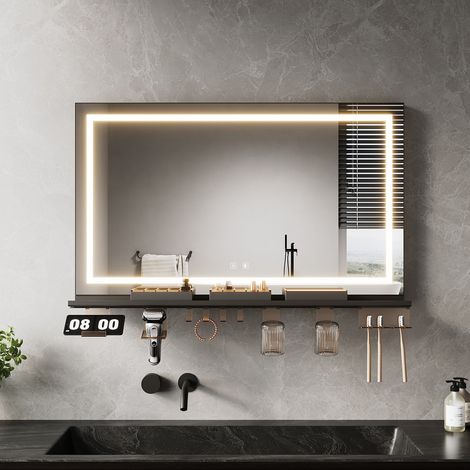 SONNI Modern LED Badspiegel mit Beleuchtung, Antibeschlag, Schwarze Ablage und Dimmbarer 3-Farben Beleuchtung, 1000x600mm