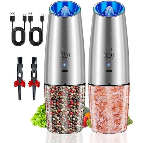 Ensemble de 2 moulins à sel et poivre électriques rechargeables par USB avec lumière LED, broyeurs à épices automatiques en acier inoxydable (1/5)