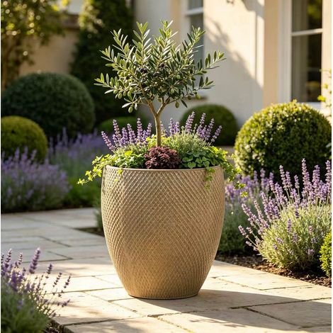 Vaso da giardino extra grande in ceramica Ø46 x H53 cm beige crema con rilievo a rombi (1/5)