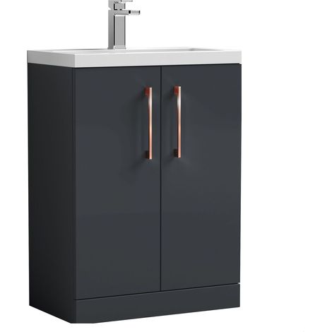 Balterley Bramshall Compact Bathroom Cloakroom Vanity Basin Unit with Ceramic Basin, Copper Handles, 600mm, Satin Dark Grey