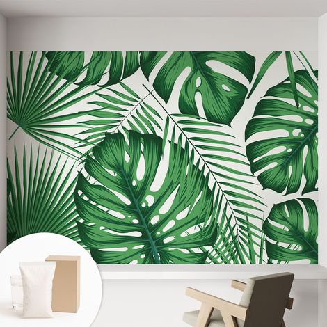 Papier peint intissé décoratif avec colle pour salon chambre et bureau Installation rapide Feuilles tropicales 152x104 cm (1/5)