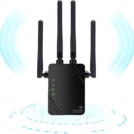 WLAN-Repeater, neuer WLAN-Verstärker 2024, 1200 Mbit/s WLAN-Booster, 5 GHz und 2,4 GHz Dualband-WLAN-Verstärker, Repeater-/Router-/AP-Modus, 4 Antennen, ideal für Zuhause und Büro