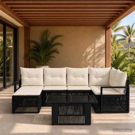 vidaXL Set Divano da Giardino 7 pz Nero e Bianco Crema polyrattan (1/5)