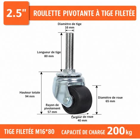 Roulette industrielle pivotante 2,5 pouces 65 mm à tige filetée M16x80 nylon 200 kg 2.5 m16 80 200kg 2 kg – Livraison gratuite