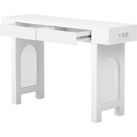 Console élégante avec tiroirs et multiprises pour l’entrée, buffet au design en treillis et patins réglables, table étroite pour couloir ou salon (Blanc) (1/5)