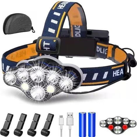 Wiederaufladbare LED-Stirnlampe, extrem leistungsstark mit 8 LEDs und 18.000 Lumen, wasserdicht und leicht, ideal für Camping, Angeln, Höhlenforschung, Joggen und Wandern. (1/5)