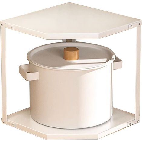 Étagère d'angle de cuisine en acier carbone, 2 niveaux blancs 27x27x27.6cm, gain de place pour casseroles et poêles, design stable en forme d'éventail. (1/5)