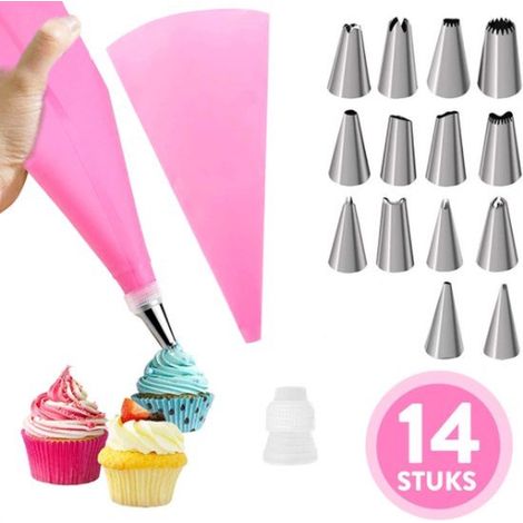 Seringue à crème fouettée avec 14 embouts pour poche à douille - Réutilisable - Rose - Ustensile de pâtisserie (1/3)