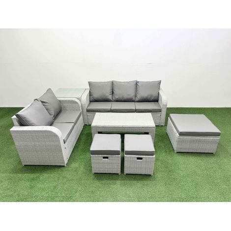 Fimous 8 Seater PE Rattan Wicker Garden Furniture Patio Conservatory Sofa Set with Oblong Coffee Table 3 Seater Sofa Love Sofa 3 Stool Side Table (1/4)