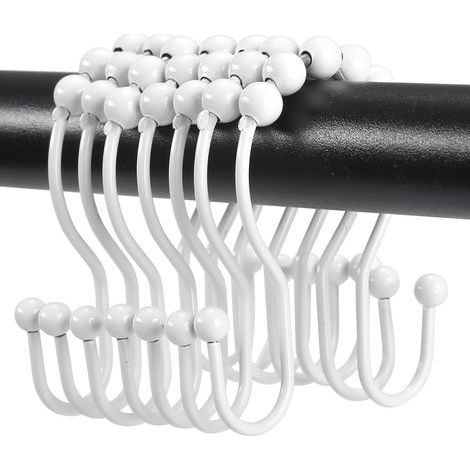 Lot de 12 crochets de rideau de douche en métal antirouille, anneaux de rideau de douche en métal antirouille, crochets doubles pour rideau de douche, blanc (1/5)