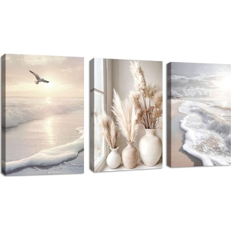 3 Pcs Boho Paysage Plage Tableau Décoration Murale Salon Roseaux Pampas Coucher Soleil Gull Impression Sur Toile Image Peintures sur Toile Décoration Murale Pour Chambre Maison Bain 30x0cmx3Pcs (1/5)