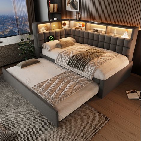 Letto 90x200 con letto estraibile 90x190, LED, USB/USB-C, altoparlante Bluetooth, grigio DESVIAE (1/5)