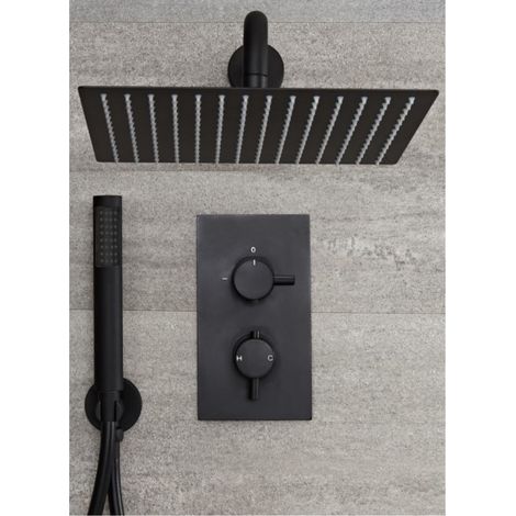 Milano Nero 2 Outlet Twin Diverter Thermostatic Mixer Shower Valve with Wall Mounted 300mm Square Rainfall Shower Head and Hand Shower Handset Kit - Black