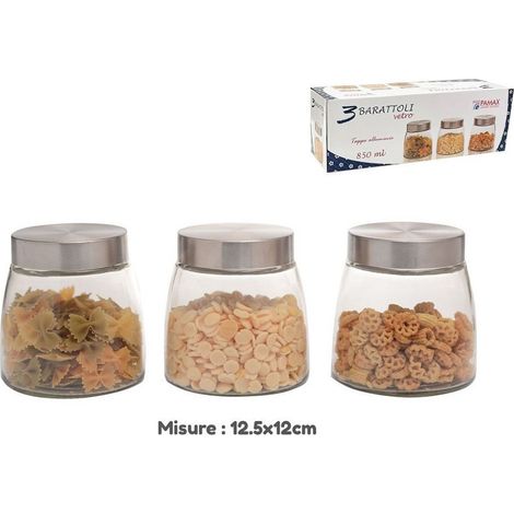 Trade Shop - Set 3 Tris Barattoli Con Coperchio Vetro Contenitori Pasta Biscotti 850ml 747646 -