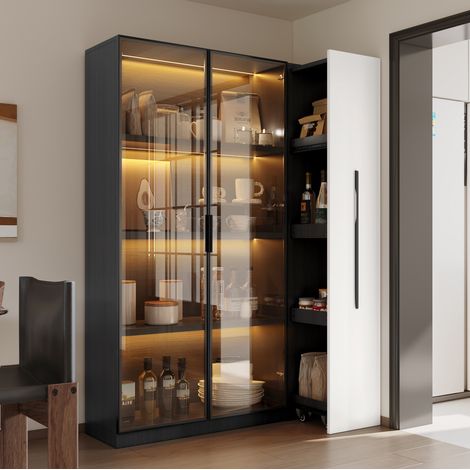 Multifunktionsschrank 110,5x35x160 cm Schwarz Weiß MDF und Glas mit LED-Beleuchtung und Auszug (1/5)