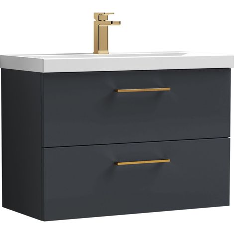 Balterley 800mm Wall Hung Bathroom 2 Drawer Vanity Unit and 1 Tap Hole Ceramic Basin, Satin Dark Grey with Brushed Bronze Handles