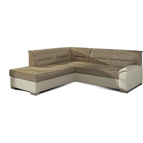 Sofá esquinero convertible TROMSO beige y crema - Ángulo izquierdo con baúl (1/3)