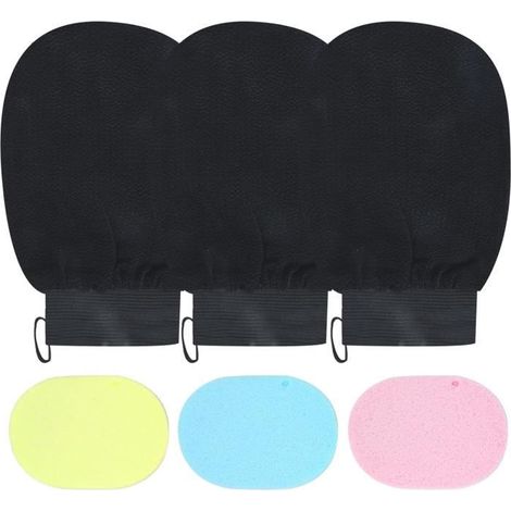 3PCS Gants de bain exfoliants et 3PCS éponges faciales en cellulose - WOVTE Gommage exfoliant, Gants de massage (1/4)