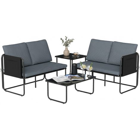 Set giardino 4 pezzi con 2 divani 2 posti, 2 tavoli in vetro, fodere cuscino rimovibili e tasche, grigio