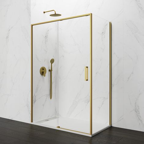 Mampara de ducha angular frontal 1+1 con lateral fijo TWENTY 180x90 cm cristal transparente perfil oro (1/5)