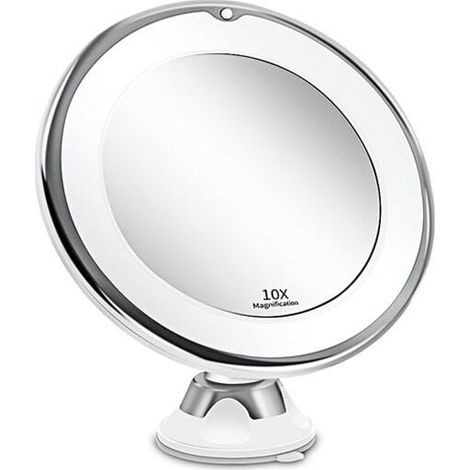 Miroir Grossissant 10x - Lumineux LED avec Forte Ventouse - Batterie - Miroir Maquillage avec Lumière Natur Dimmable pour Les Salles de Bain - Blanc