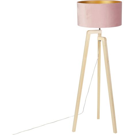 QAZQA Moderno Lámpara de pie trípode de madera con pantalla de terciopelo rosa 50 cm - Puros /Textil Redonda Adecuado para LED Max. 1 x 60 Watt (1/4)