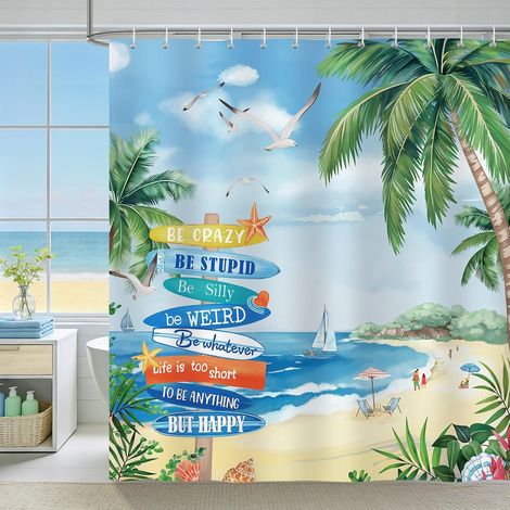 Rideau de Douche Plage Tropicale, Rideau de Baignoire Bleu Océan Palmier Citations Hawaïen Côtier 180 x 180 cm Polyester Imperméable Résistant à la Moisissure 12 Crochets (1/5)