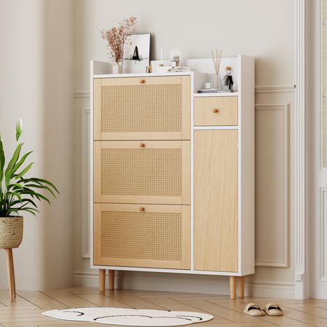 Meuble à chaussures avec 3 Portes Battantes et 1 Tiroir, Rotin et MDF, 90×17×125 cm, Naturel Blanc