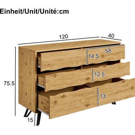 Meuble buffet moderne avec 6 tiroirs – finition bois, pieds en métal, grand espace de rangement, design épuré, pour salon et salle à manger – 120x40x75,5 cm (1/5)