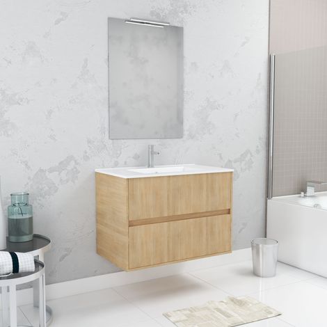 Set Mobile Bagno 80 cm Rovere Chiaro 2 Cassetti, Lavabo, Specchio 60x80 e Applique Led - XENOS