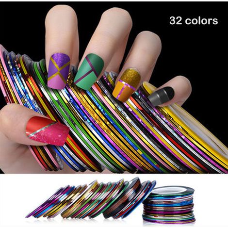 32 rouleaux de rubans adhésifs multicolores pour nail art, lignes décoratives fines, stickers pour ongles, manucure DIY. (1/5)