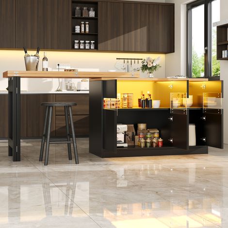 Ausziehbarer Bartisch mit LED-Beleuchtung und 360° Drehfunktion, Längenverstellbar 120-180cm, Moderner Kücheninsel Tisch mit Stauraum, für Wohnzimmer, Esszimmer, Homeoffice (1/5)
