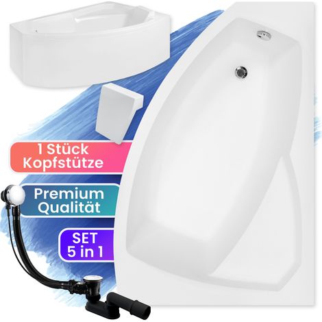 Badewanne Eckbadewanne 170x110 Rechts mit AcrylSchürze + Kopfstütze, Ablaufgarnitur & Füßen GRATIS - Komplettset 5in1 - Made in EU - BADLAND RIMA