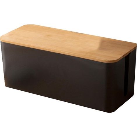 Boîte à câbles avec couvercle en bois - Cache multiprise et câbles - Boîte de rangement pour câbles - Organisateur de bureau - 40,5 cm - Noir