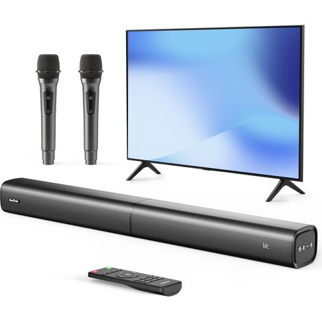 Barre de Son TV avec 2 Microphones de Karaoké sans Fil Système d'Enceintes Home Cinéma 2.0 Canaux, avec Bluetooth 5.3/HDMI Arc/Connexion Optical/AUX/USB, pour Les Film, la Musique et PC (1/5)