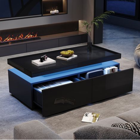 Couchtisch (95 x 45 x 35 cm), mit LED Lichtstreifen, 2 Schubladen, halboffene Ablage, Spanplatte, Schwarz (1/5)