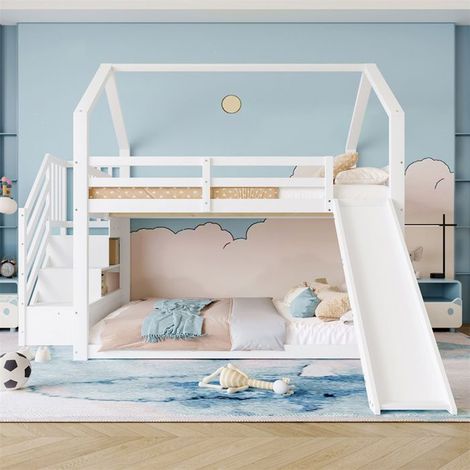 Lit superposé cabane enfant 140 x 200 cm avec escalier de rangement et toboggan, Pin blanc (sans matelas)