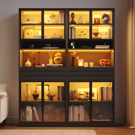 Hohe Vitrine 160x35x200 cm aus schwarzem MDF mit LED, platzsparend – MEUBLIV (1/5)